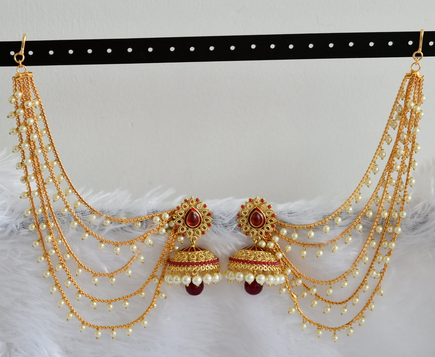 Gold tone red thilak jhumkka with pearl multi layer ear side chain dj-47114