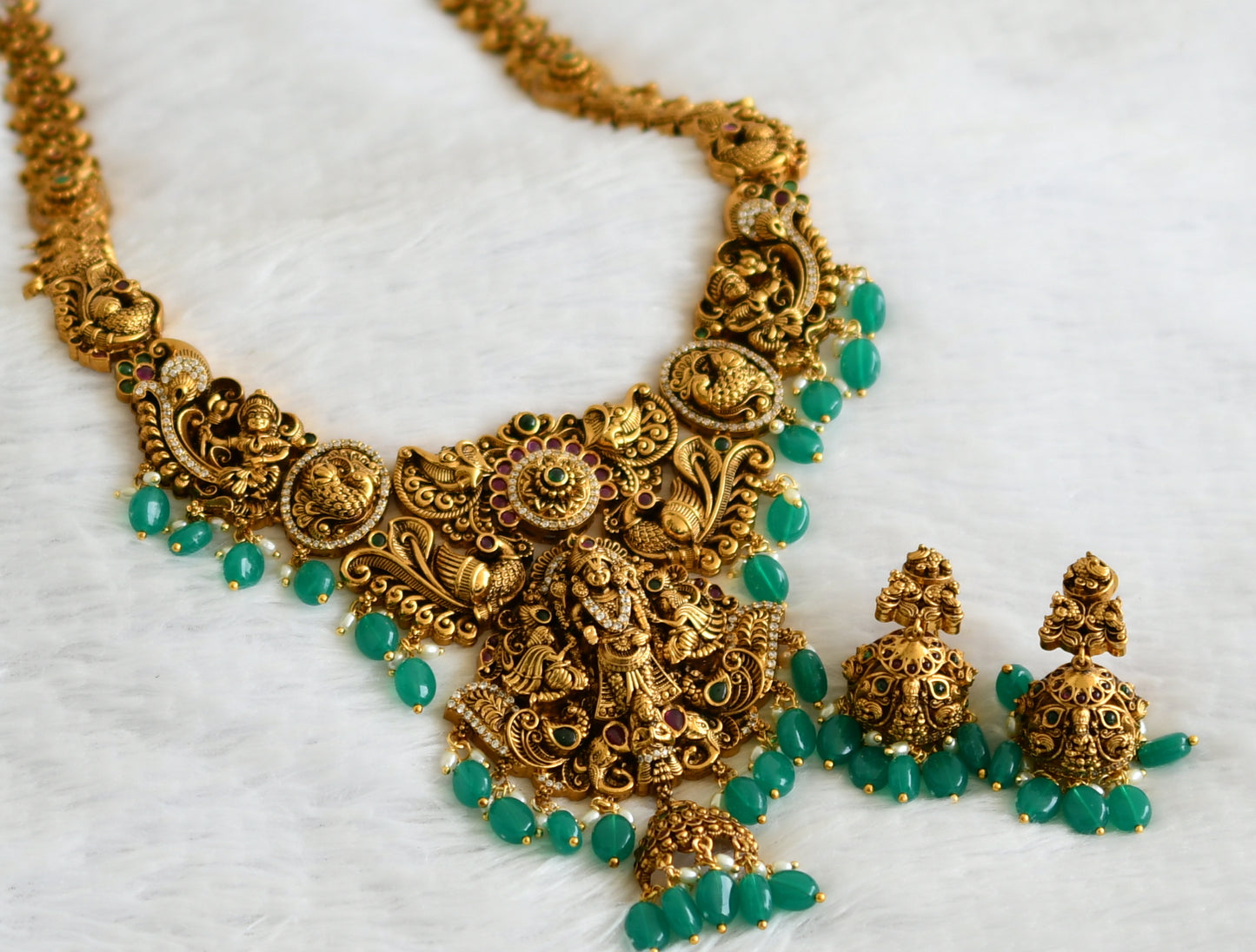 Antique gold tone kemp-green-white Thirumal peacock green bead haar set dj-50850