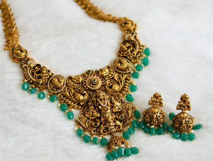 Antique gold tone kemp-green-white Thirumal peacock green bead haar set dj-50850