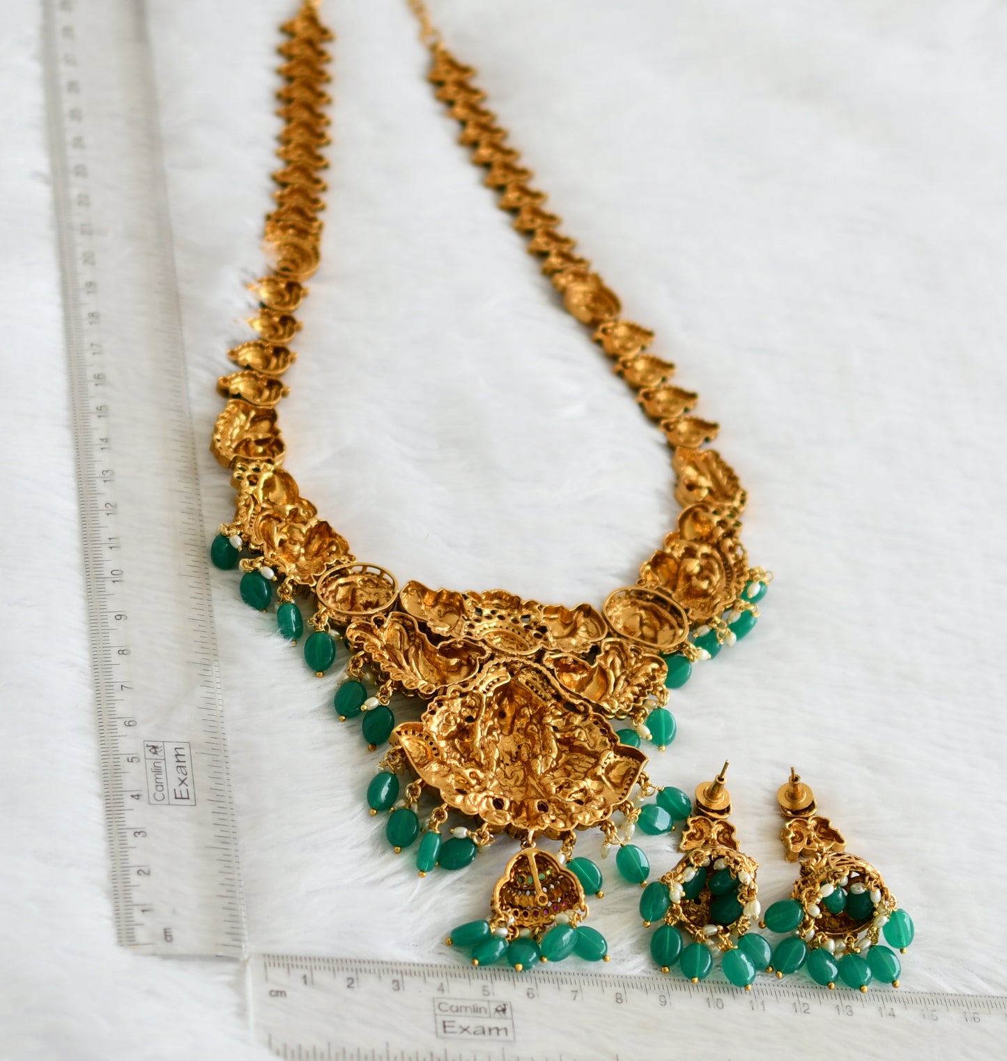 Antique gold tone kemp-green-white Thirumal peacock green bead haar set dj-50850