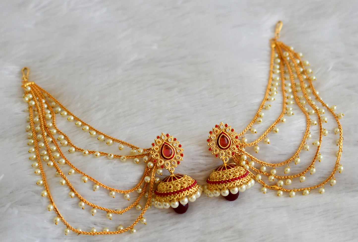 Gold tone red thilak jhumkka with pearl multi layer ear side chain dj-47114