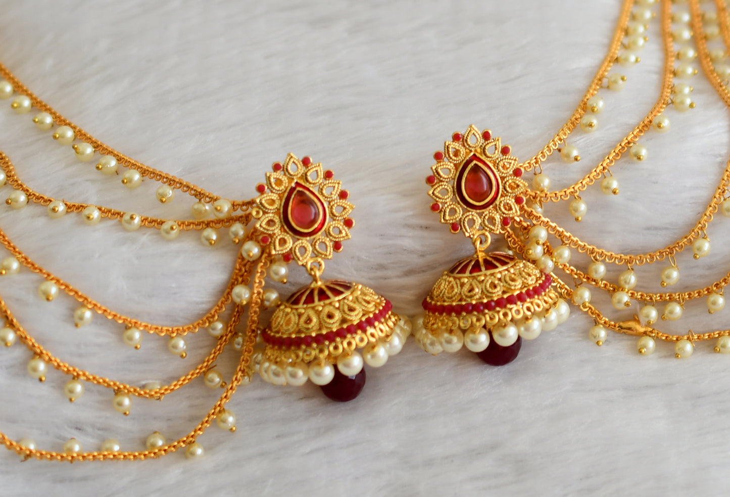 Gold tone red thilak jhumkka with pearl multi layer ear side chain dj-47114