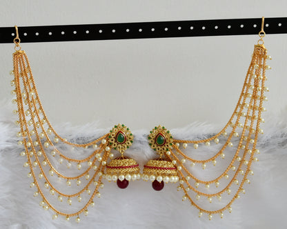 Gold tone pink-green stone thilak jhumkka with pearl multi layer ear side chain dj-47113