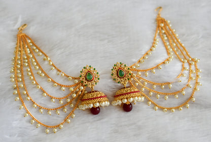 Gold tone pink-green stone thilak jhumkka with pearl multi layer ear side chain dj-47113