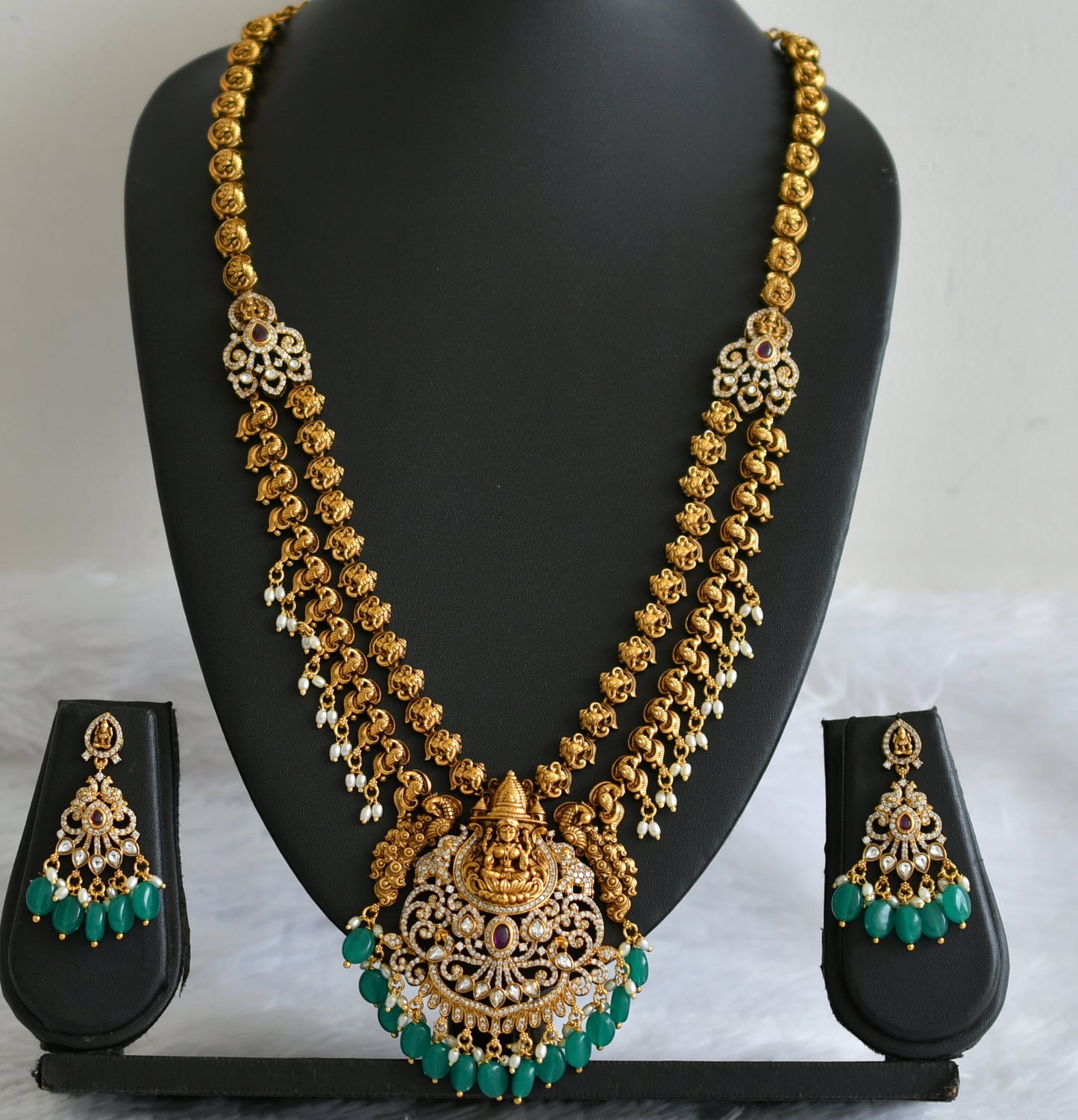 Antique gold tone kemp-white green bead lakshmi peacock double layer haar set dj-50847