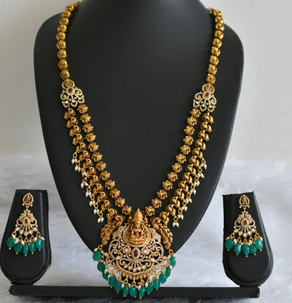 Antique gold tone kemp-white green bead lakshmi peacock double layer haar set dj-50847