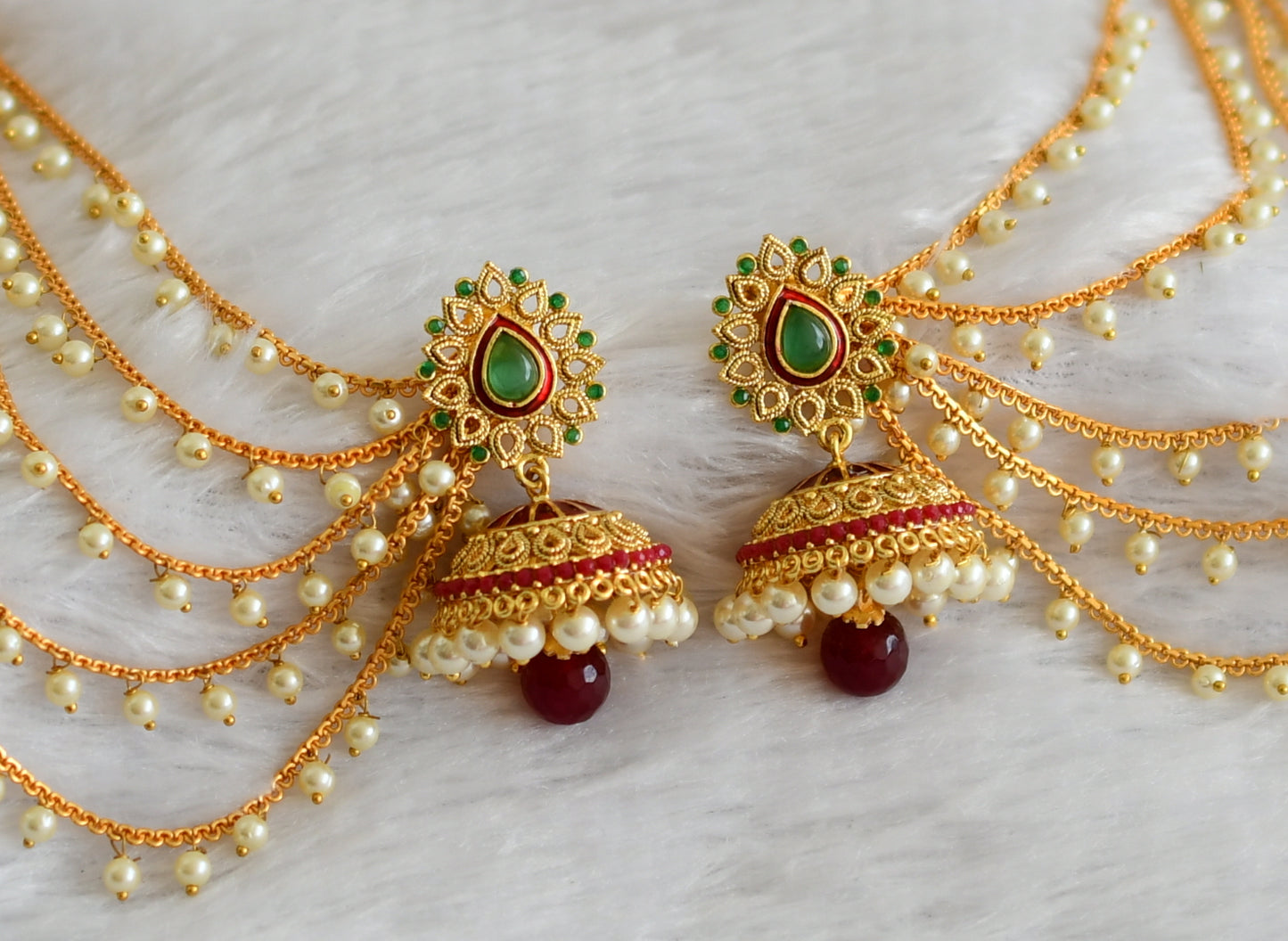 Gold tone pink-green stone thilak jhumkka with pearl multi layer ear side chain dj-47113