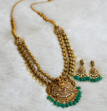 Antique gold tone kemp-white green bead lakshmi peacock double layer haar set dj-50847