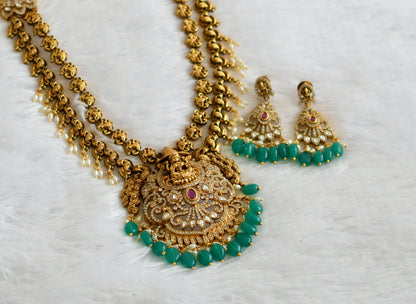 Antique gold tone kemp-white green bead lakshmi peacock double layer haar set dj-50847