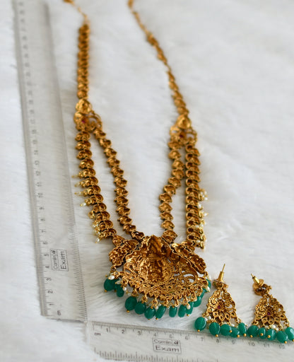 Antique gold tone kemp-white green bead lakshmi peacock double layer haar set dj-50847