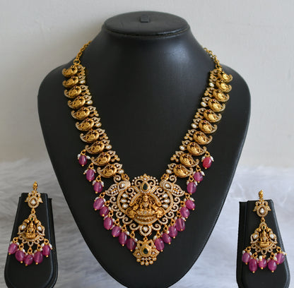 Antique gold tone kemp-green-white lakshmi peacock pink bead necklace set dj-50845