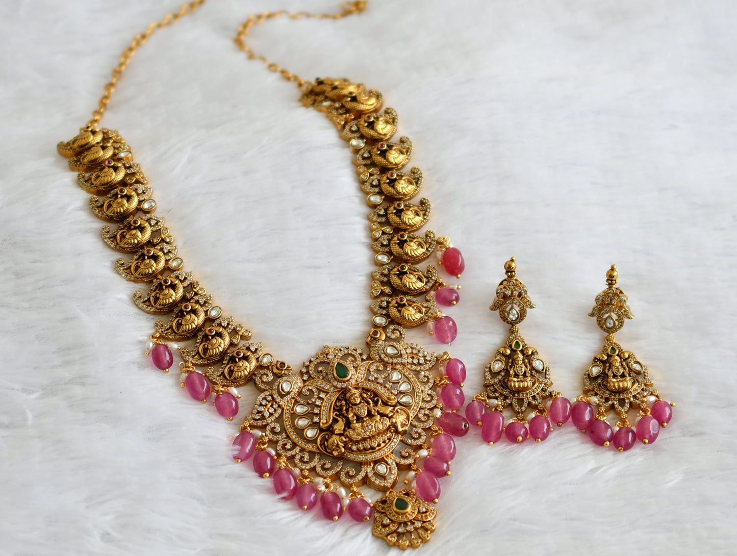 Antique gold tone kemp-green-white lakshmi peacock pink bead necklace set dj-50845