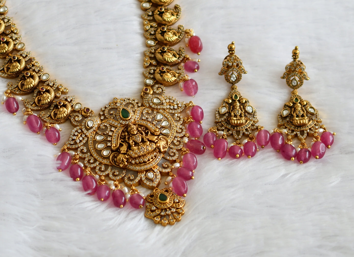 Antique gold tone kemp-green-white lakshmi peacock pink bead necklace set dj-50845