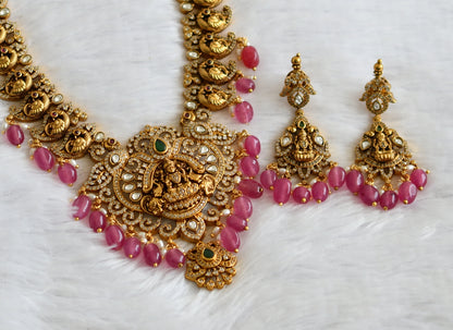 Antique gold tone kemp-green-white lakshmi peacock pink bead necklace set dj-50845