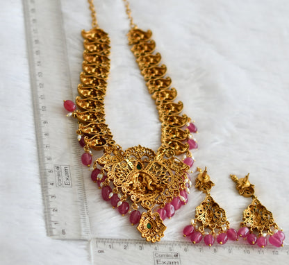Antique gold tone kemp-green-white lakshmi peacock pink bead necklace set dj-50845