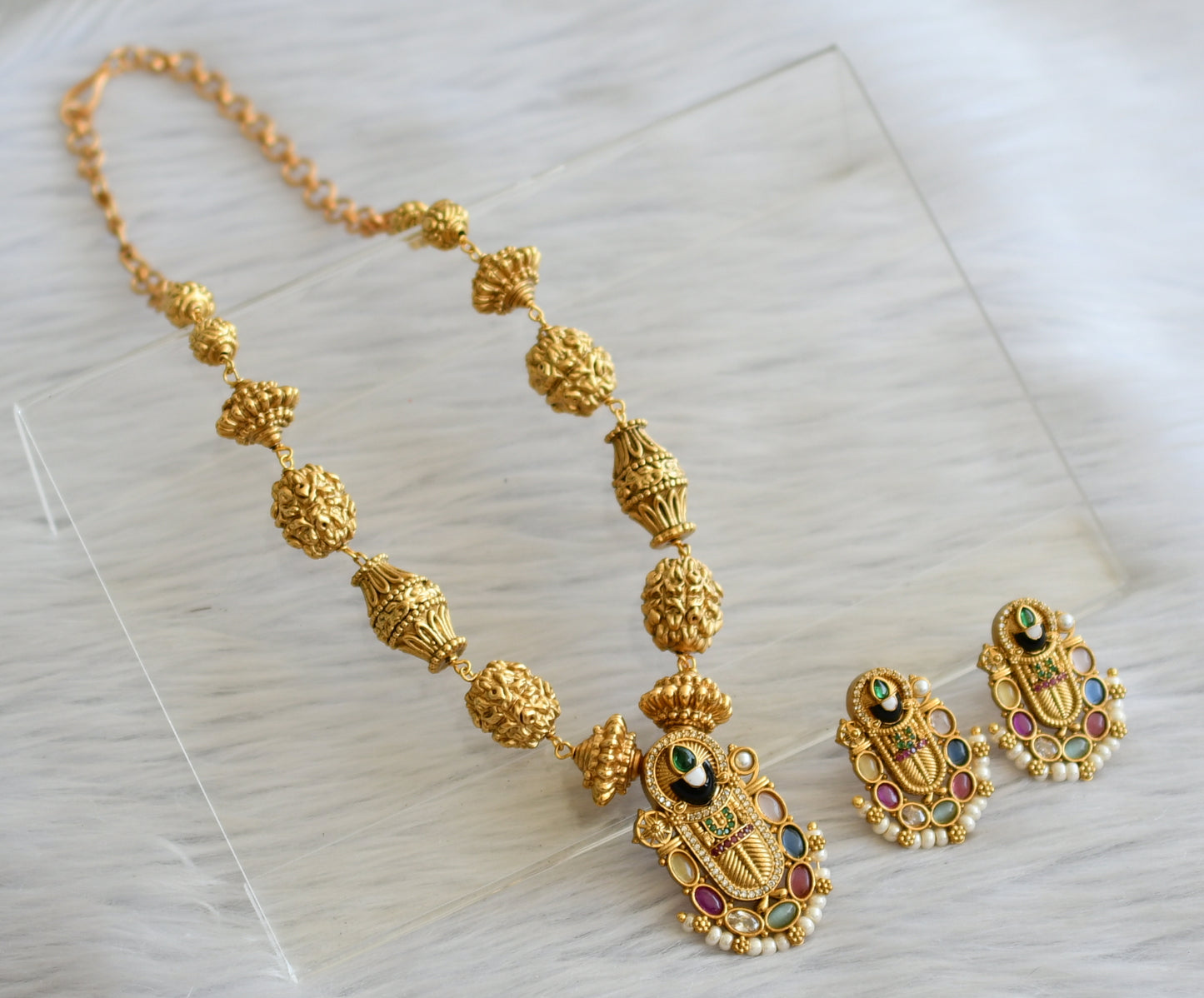 Matte finish navarathna stone sri Thirumal necklace set dj-45423