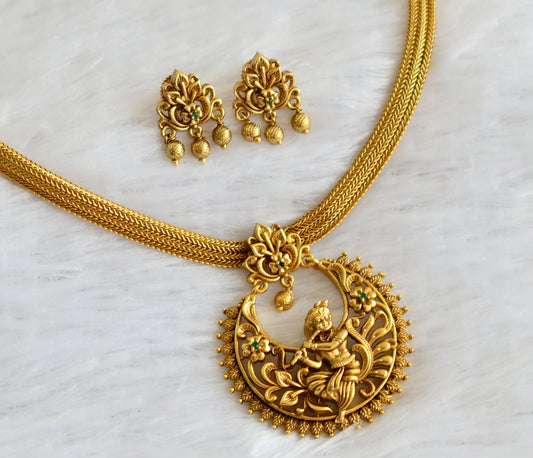 Antique gold tone green stone krishna flower necklace set dj-47061