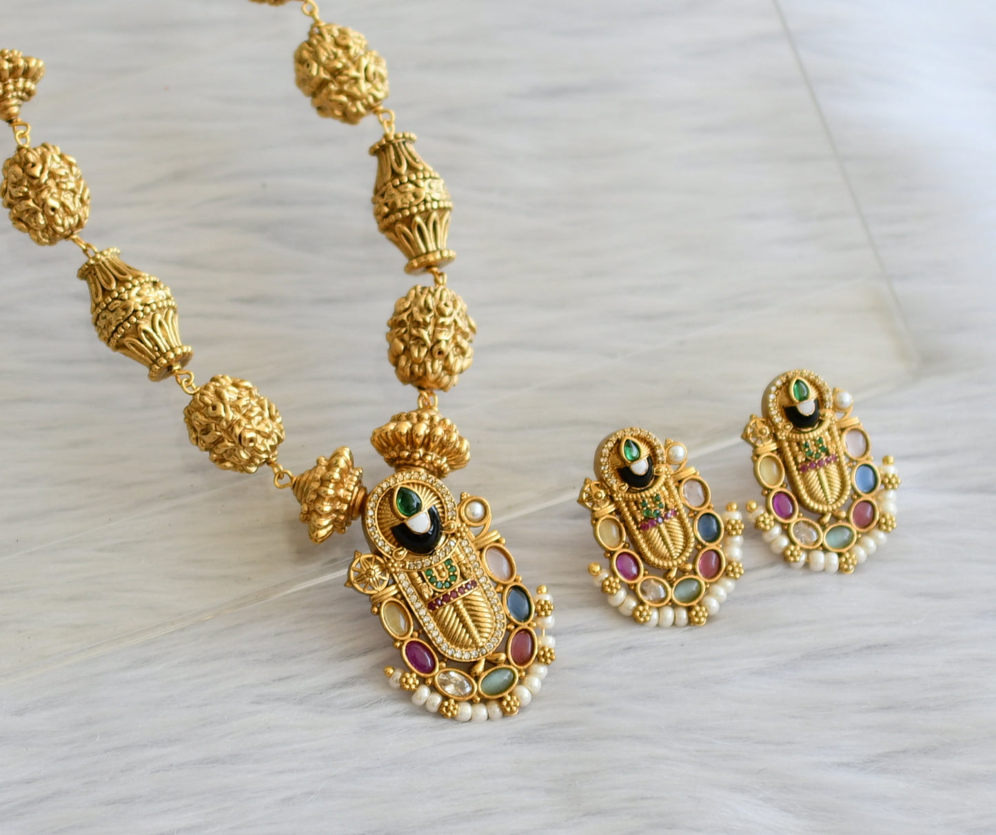 Matte finish navarathna stone sri thirumal necklace set dj-45423