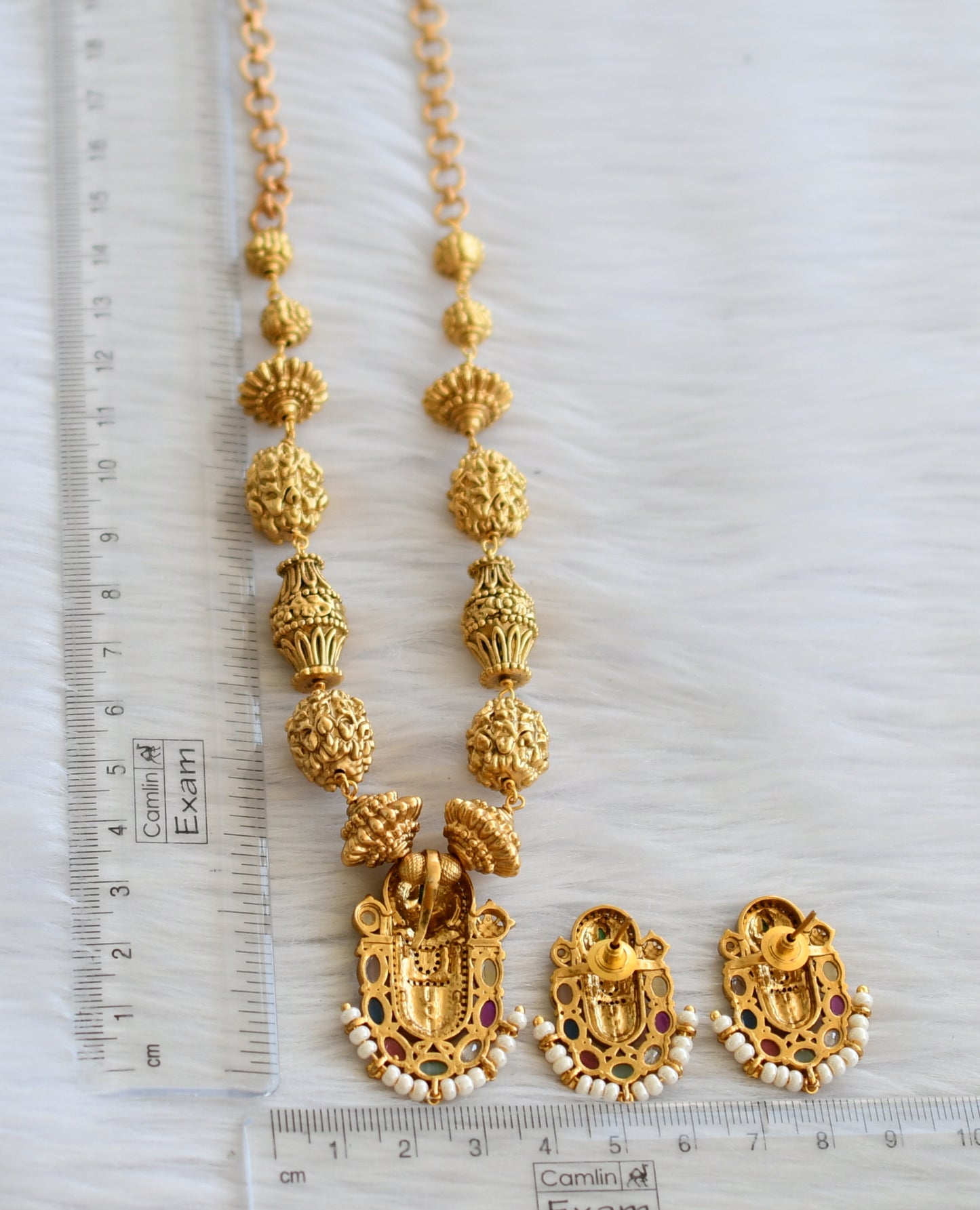 Matte finish navarathna stone sri Thirumal necklace set dj-45423