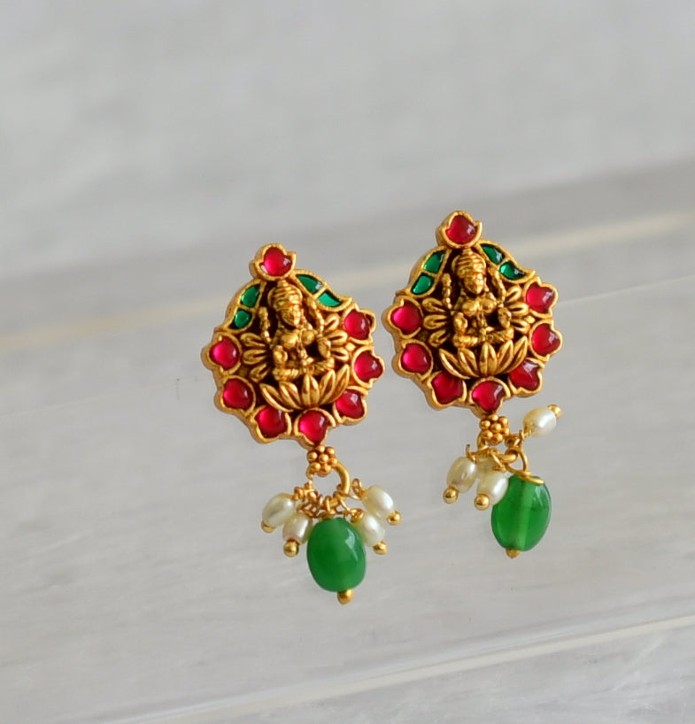 Matte finish pink-green lakshmi pearl cluster green beaded small earrings dj-47097