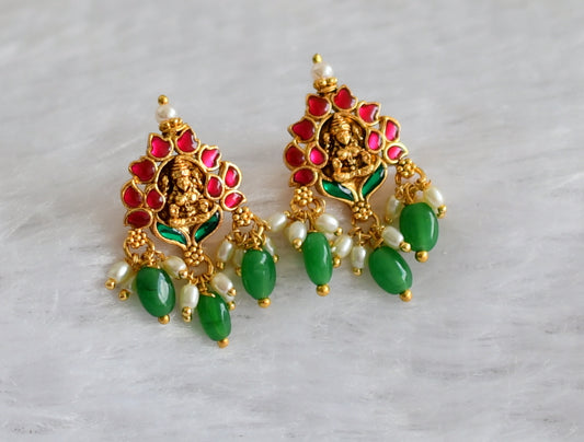 Matte finish pink-green lakshmi kundan jadau pearl cluster green beaded small earrings dj-47098