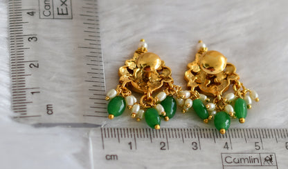 Matte finish pink-green lakshmi kundan jadau pearl cluster green beaded small earrings dj-47098