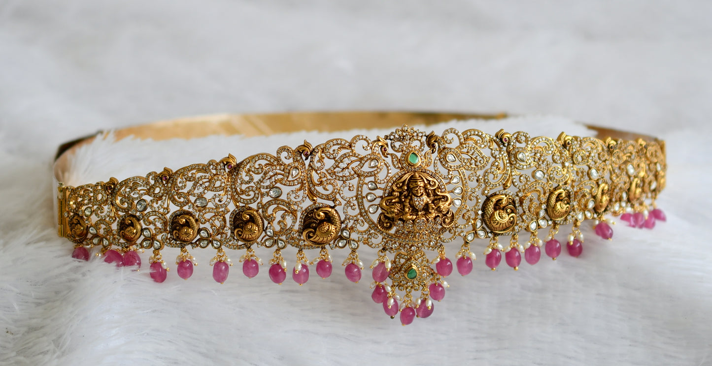 Antique gold tone white-green pink beaded lakshmi peacock waist band dj-50853