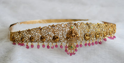 Antique gold tone white-green pink beaded lakshmi peacock waist band dj-50853