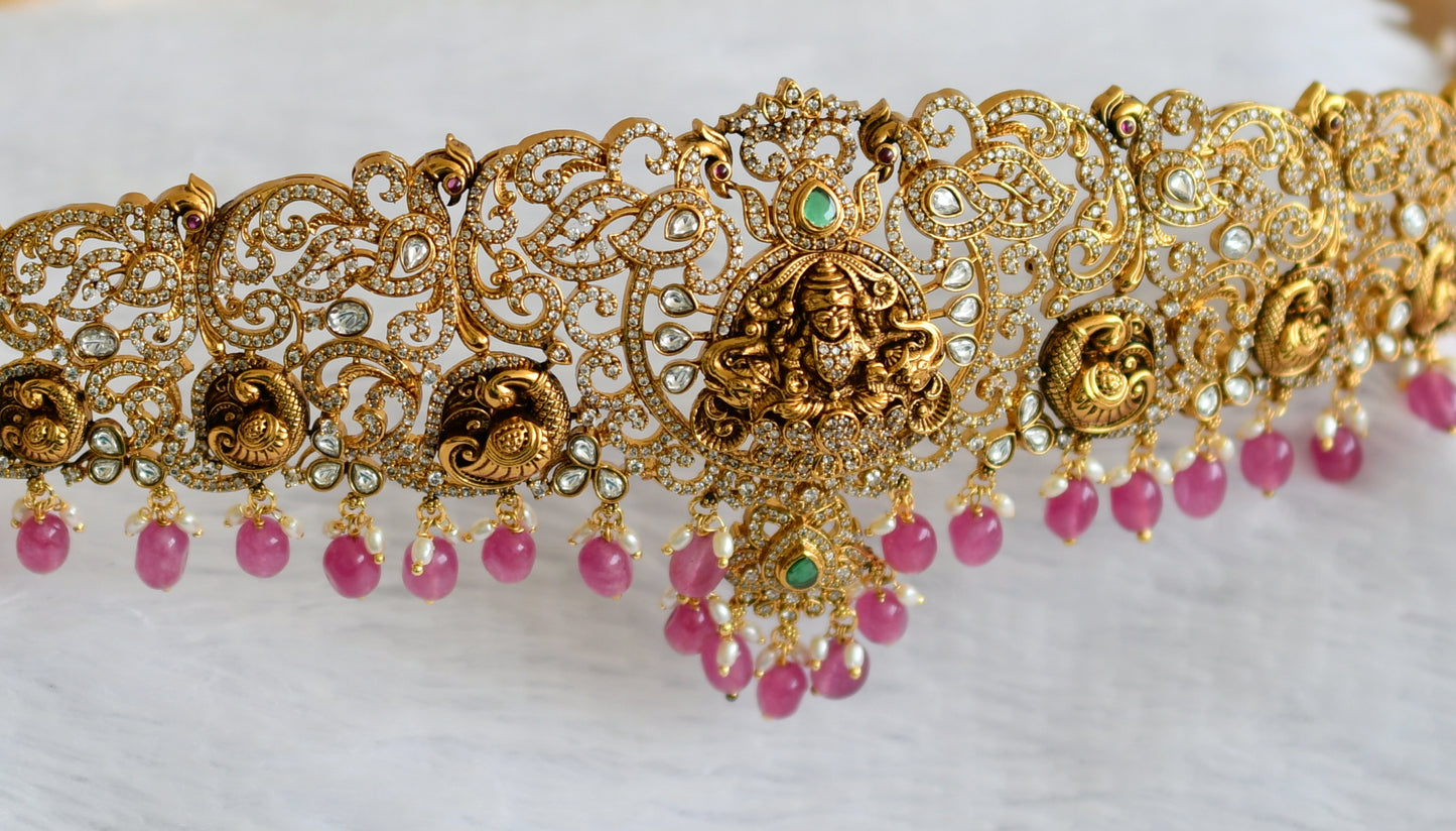 Antique gold tone white-green pink beaded lakshmi peacock waist band dj-50853