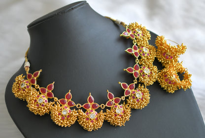 Gold cluster ruby white necklace set dj-12836