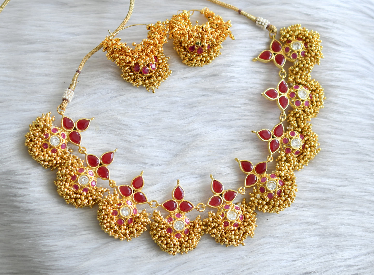 Gold cluster ruby white necklace set dj-12836