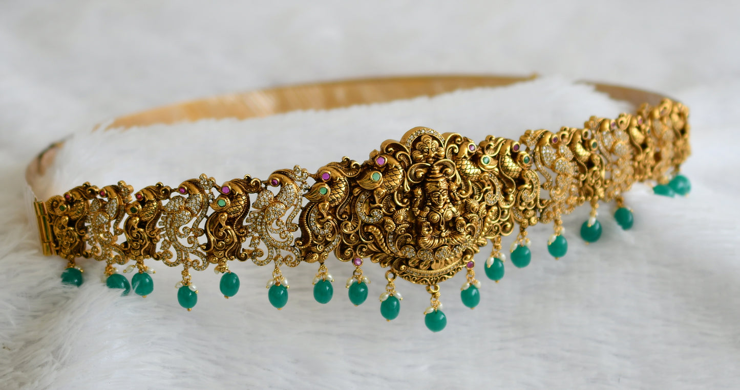 Antique gold tone kemp-green-white green beaded peacock lakshmi waist band dj-50854