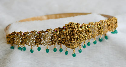 Antique gold tone kemp-green-white green beaded peacock lakshmi waist band dj-50854