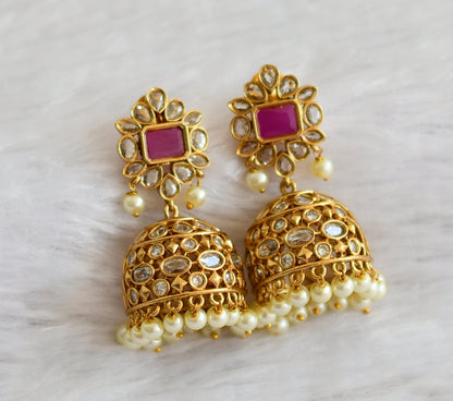 Matte finish ruby-white pearl block stone jhumkka dj-47092