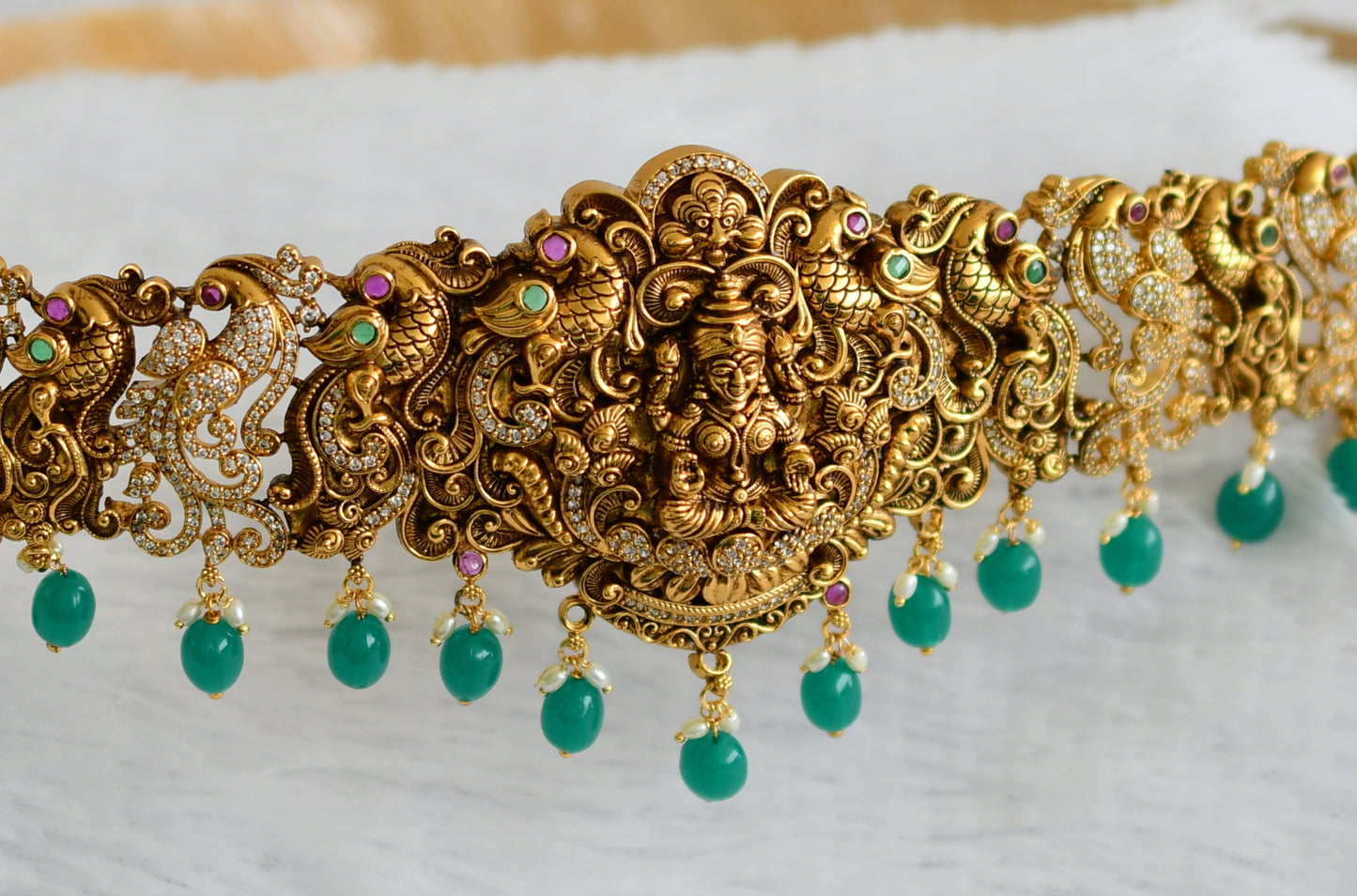 Antique gold tone kemp-green-white green beaded peacock lakshmi waist band dj-50854