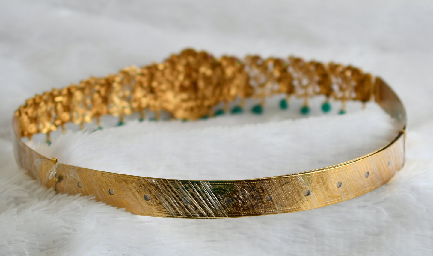 Antique gold tone kemp-green-white green beaded peacock lakshmi waist band dj-50854