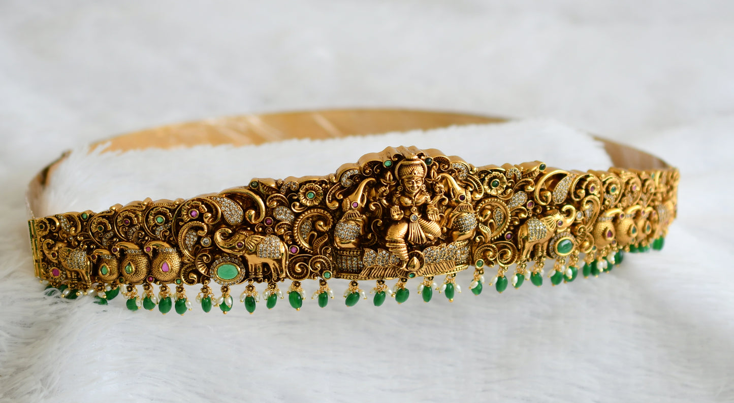Antique gold tone kemp-green-white lakshmi peacock elephant green beaded waist band dj-50855