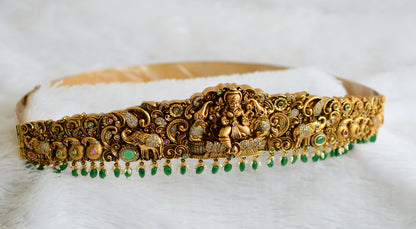Antique gold tone kemp-green-white lakshmi peacock elephant green beaded waist band dj-50855