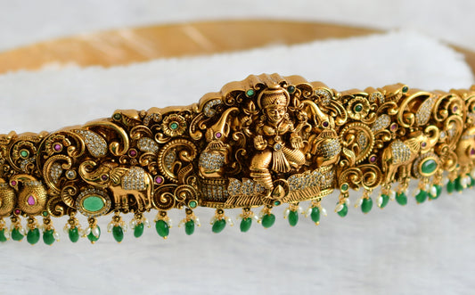 Antique gold tone kemp-green-white lakshmi peacock elephant green beaded waist band dj-50855
