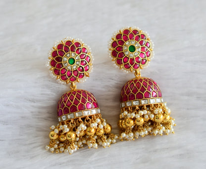 Matte finish pink-green-white pearl kundan jadau flower jhumkka dj-47091