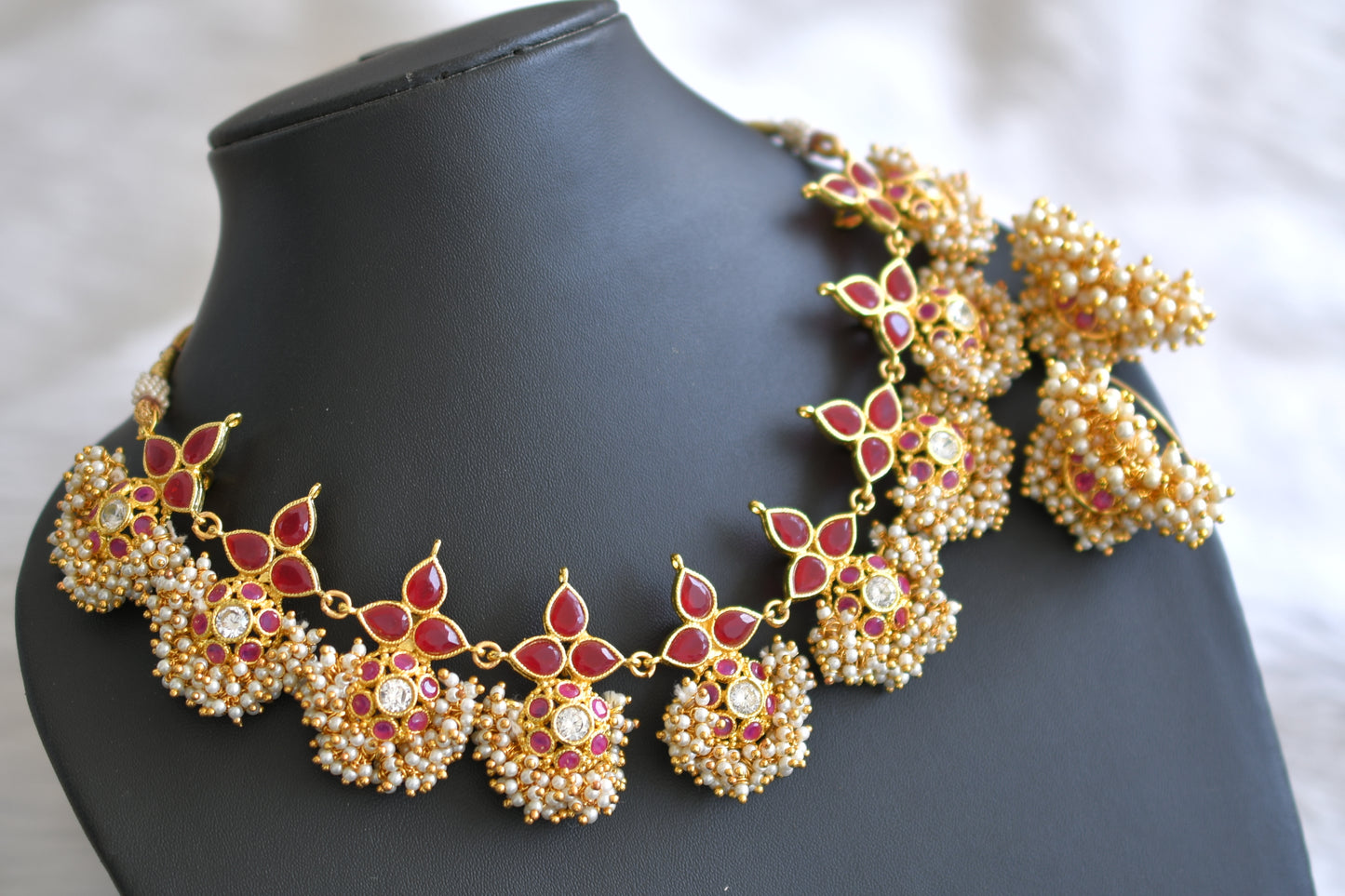 Gold tone pearl cluster ruby necklace set dj-12837