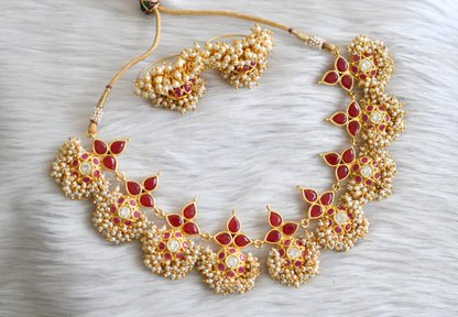 Gold tone pearl cluster ruby necklace set dj-12837