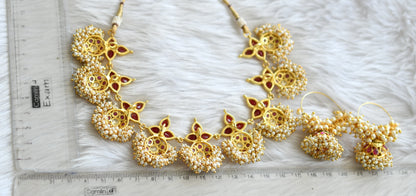 Gold tone pearl cluster ruby necklace set dj-12837