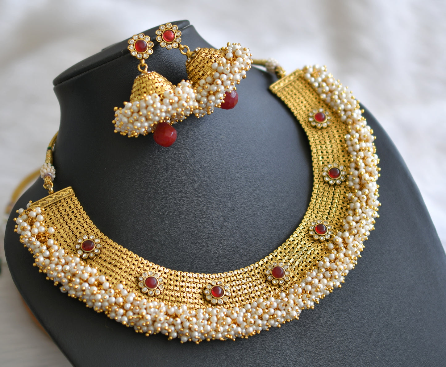 Antique gold tone pink pearl cluster choker necklace set dj-08024