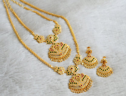 Gold tone ad pink-green-white south indian style swan combo haar set dj-48928