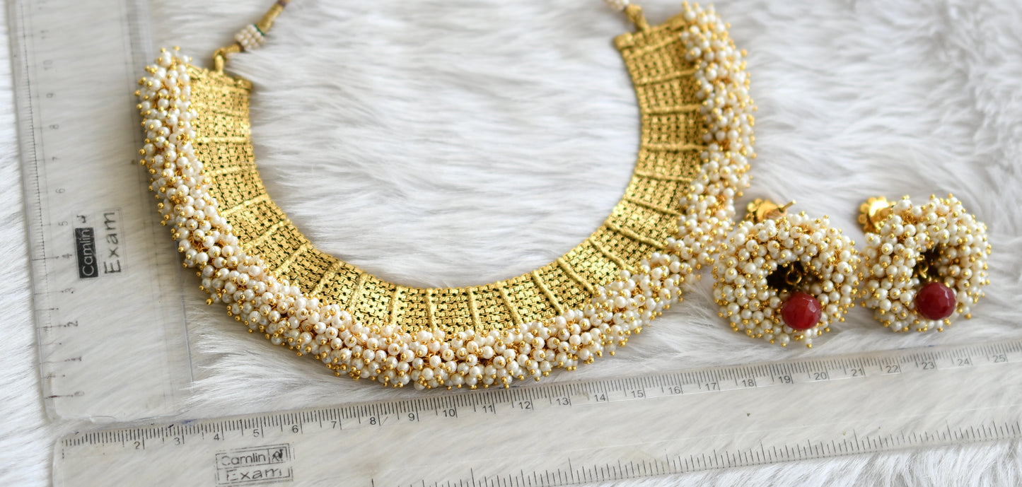 Antique gold tone pink pearl cluster choker necklace set dj-08024