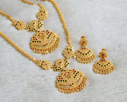 Gold tone ad pink-green-white south indian style swan combo haar set dj-48928