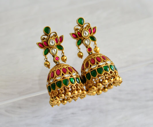 Matte finish pink-green-white kundan jadau lotus jhumkka dj-47090