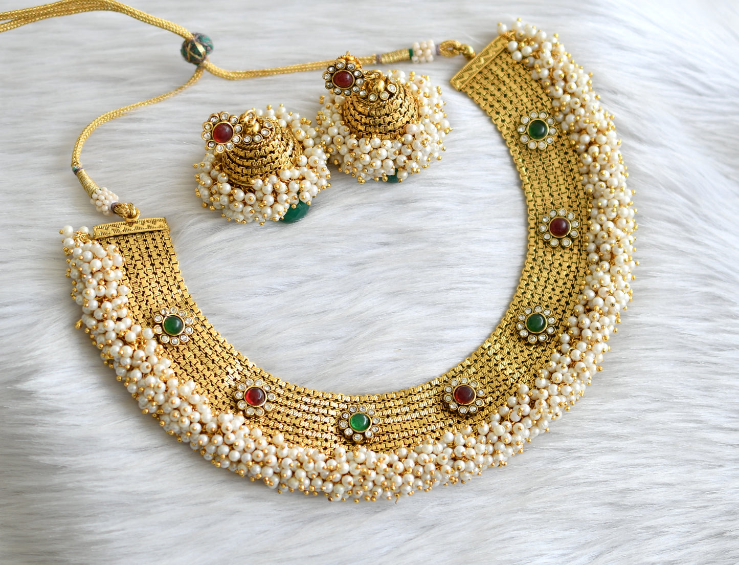 Antique pink-green pearl cluster choker necklace set dj-08026