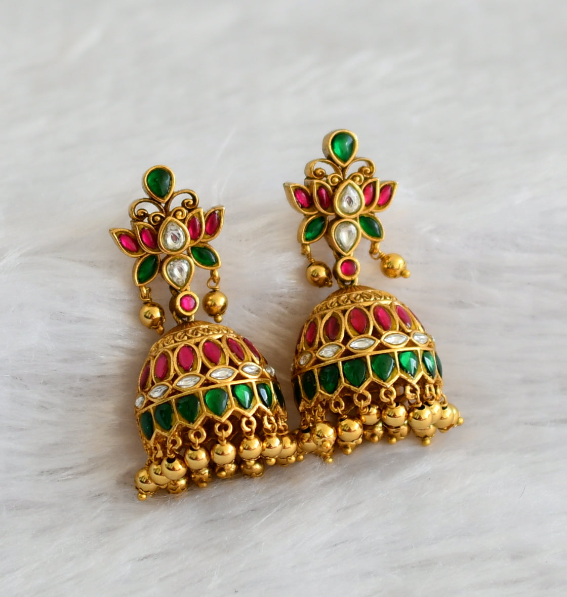 Matte finish pink-green-white kundan jadau lotus jhumkka dj-47090